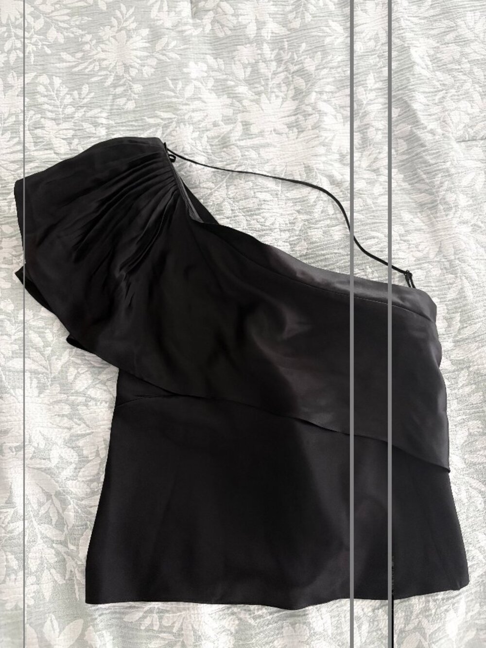 BCBGMAXAZRIA XXS Black One Shoulder Satin Ruffle Blouse Top